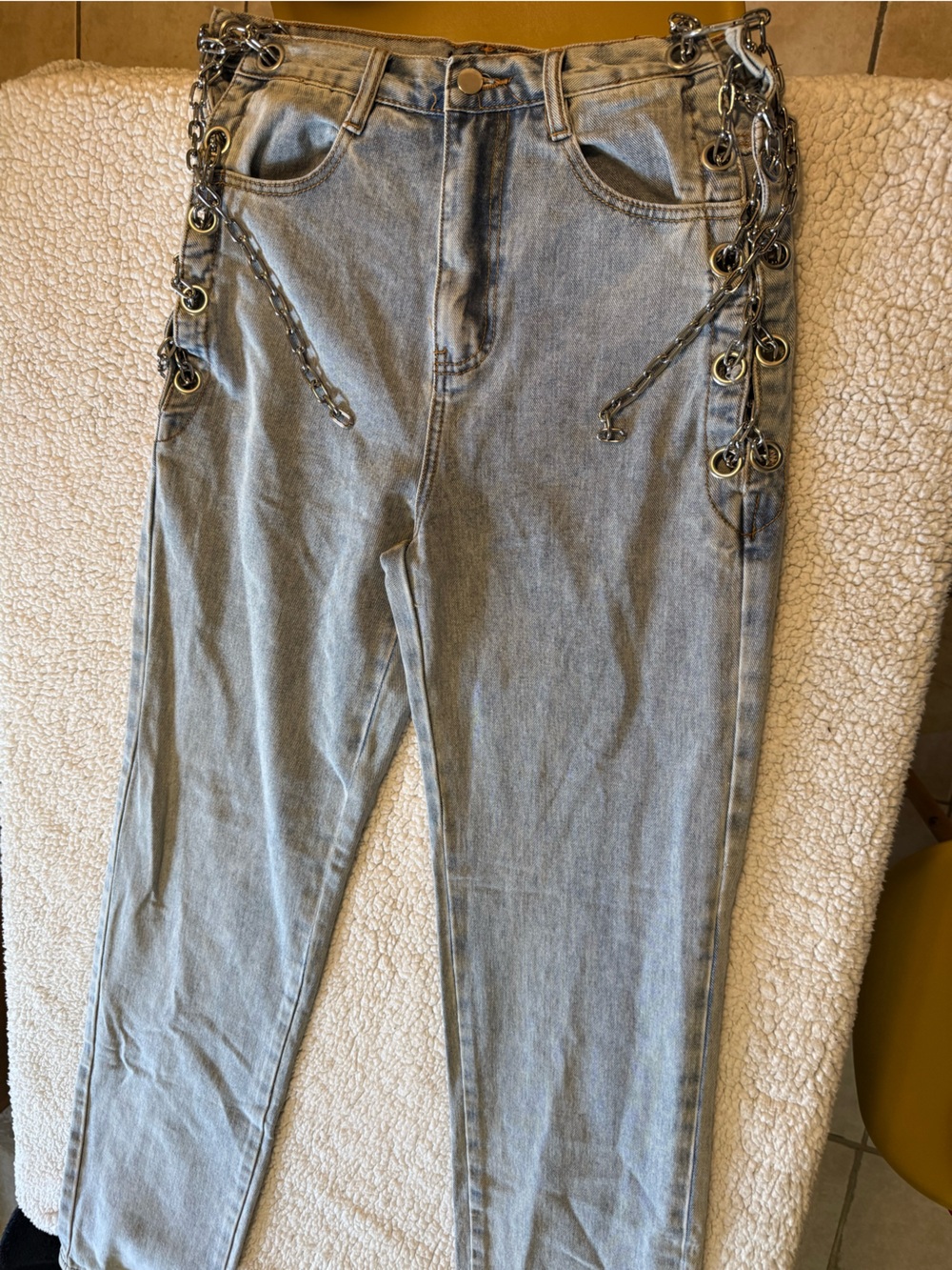 Fashion Nova Light Blue Lace-Up Flare Jeans with Chain Detail